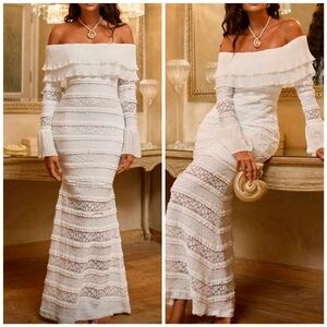 New Luxe Embroidered Lace Ruffle Off Shoulder Mermaid Dress Gown White